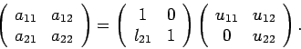 \begin{displaymath}
\left(
\begin{array}{cc}
a_{11} & a_{12} \\
a_{21} & a_{22}...
...array}{cc}
u_{11} & u_{12} \\
0 & u_{22}
\end{array}\right).
\end{displaymath}