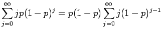 $\displaystyle \sum_{j=0}^\infty j p (1-p)^j = p(1-p) \sum_{j=0}^\infty j (1-p)^{j-1}$